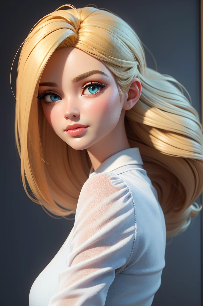 obra-prima, melhor qualidade, trabalho de rending 3d, estilo 3DMM, close-up, retrato, 3D, 1girl, solo, cabelo branco, cabelo longo, colar, sardas, joias, olhando para o lado, realista, parte superior do corpo, fundo simples, franja, olhando para longe, lips parted, olhos Azuis , gargantilha, maquiagem, vestido, super realista, pin up, style of light aquamarine and gold, attractive businesswoman, dirtyblonde hair