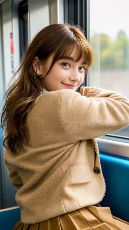 1 girl, extremely bright backlight, no wearing clothes, {Beautiful and detailed eyes}, Autumn morning, Large breasts, Calm expression, Natural and soft light, Delicate facial features, Blunt bangs, Beautiful, Smile in the eyes, very small earrings, 20year old, ((model poses open leg)), Glamour body type,(Colorful hair, half red hair、half brown hair:1.2),Real Hand, masutepiece, Best Quality, Photorealistic, Ultra-detailed, Finely detailed, High resolution,Brown messy hair, Perfect dynamic composition, Beautiful detailed eyes, Asian Girl,((nervous and embarrassed)),foco nítido, beauty mix, Movie Girl,(Smile:1.3),(Wearing a brown school blazer uniform,Brown pleated skirt:1.3),(Longhair:1.3),(Sitting in a train seat.:1.3),(tilting your head:1.1),(with open leg:1.4),(Hands behind your back:1.3),((i can see pussy 1.5)),fullllbody, ((She does a sexy pose to make it easier for viewers to masturbate:1.5)),