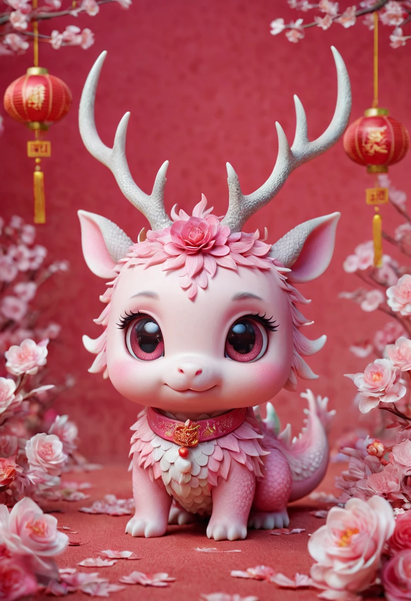 Q version，Cute little dragon，Chinese style，pink space，festive atmosphere，Spring Festival，Lovely antlers，Chinese elements，cartoon，Cute pet，Lively
