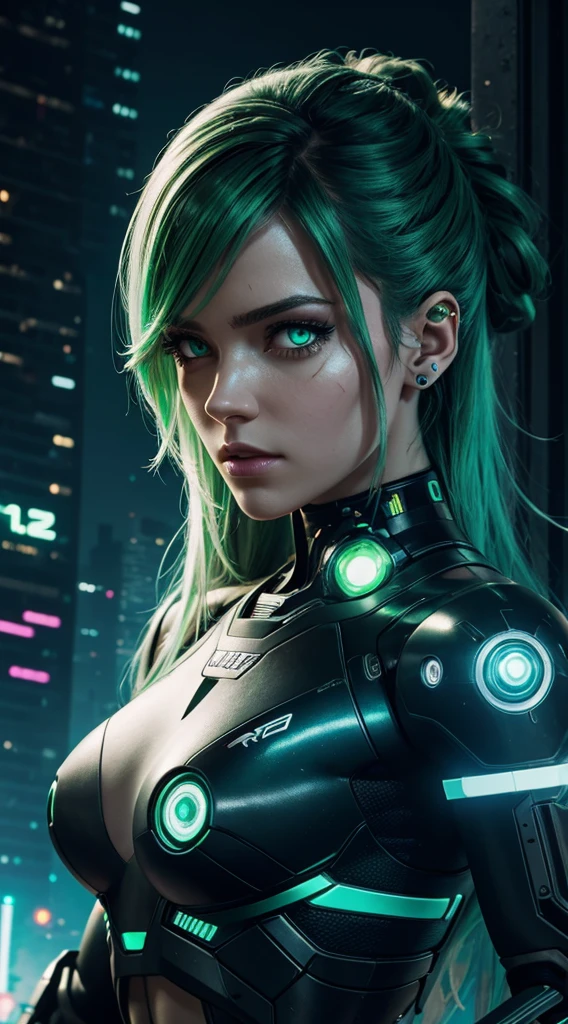 cyborg girl, robot hand, green eyes, cyberpunk city background, neon light, bale hair, masterpiece, ultra high details