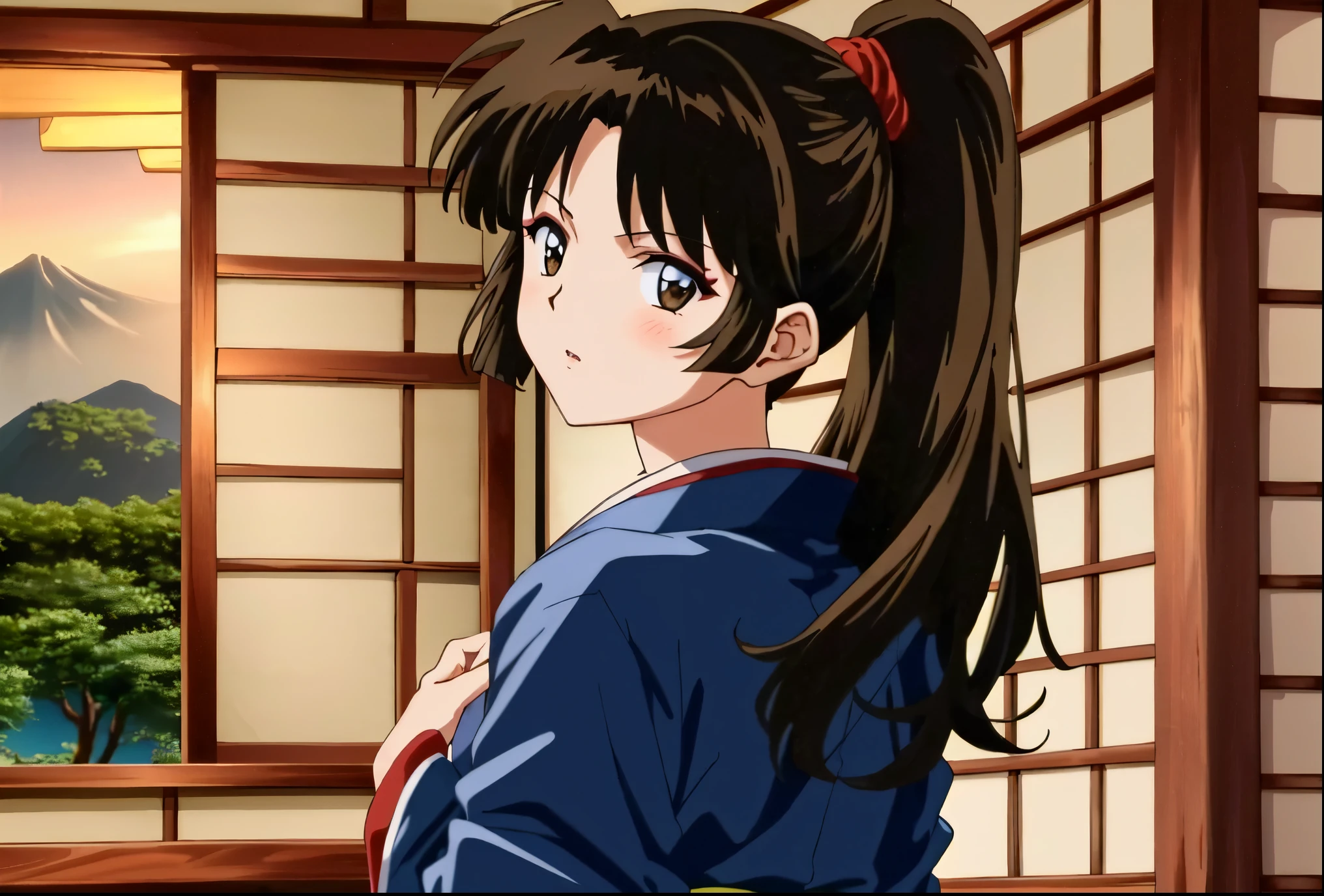 masterpiece, best quality, full body from behind,sango, KizukiAi, looking back, brown hair, brown eyes, high ponytail, long hair, medium breasts, blue kimono, multiple poses, (looking at viewer:1.3) ((Anime Screenshot, 2000s anime)), eyeshadow, night, adjusting_hair, anime_coloring, close-up, closed_mouth, hand_in_own_hair, (((Japanese village indoors:1.2)))