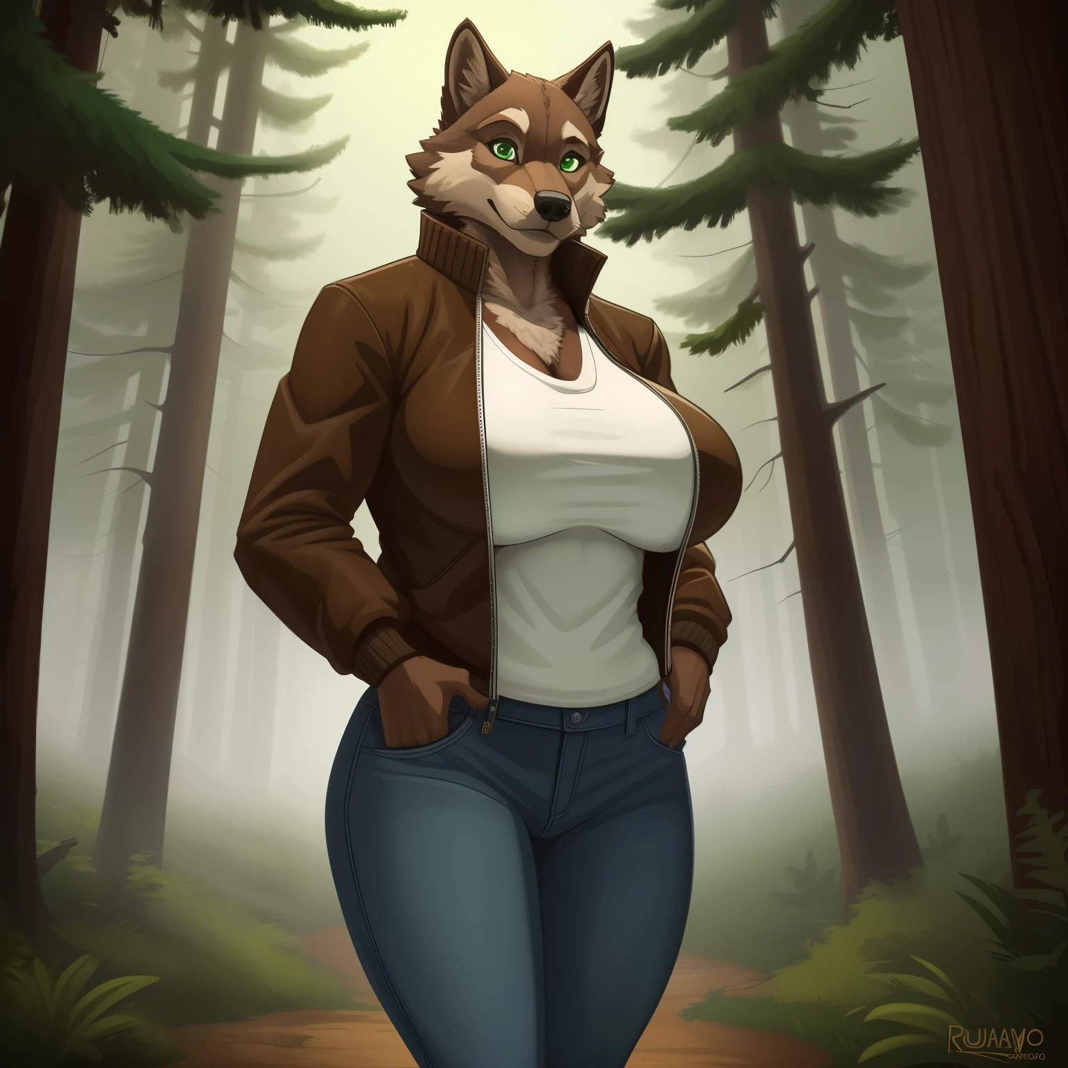 Broad_Athletic_Mature_timberwolf female brown_furry_body green_eyes milf very_fluffy full_breasts fur_trimmed_jacket undershirt jeans solo Masterpiece best_quality absurdres highly_detailed well_drawn_eyes anthro_only by_greasymojo by_runawaystride overgrown_forest foggy_landscape