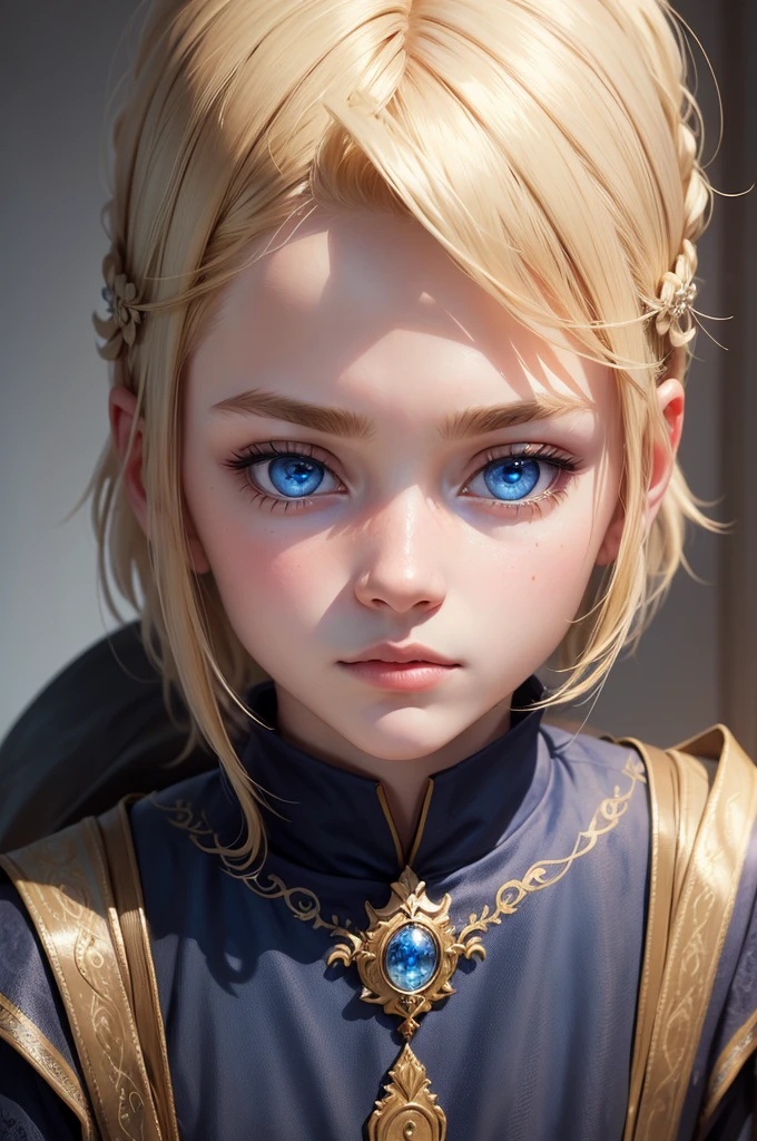 (hyperrealistic), (8K), (extremely detailed), (best illustration), (beautiful detailed eyes), (best quality), (ultra-detailed), (masterpiece), (detailed face), solo, exquisite details, detailed faces, ,pureerosfaceace_ v1,1 boy, alone,female setting,white background, Wattson, master piece,16 years old ,highly detailed, blue eyes, blonde hair, short hair,medieval light simple medieval clothes