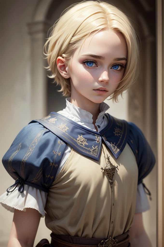 (hyperrealistic), (8K), (extremely detailed), (best illustration), (beautiful detailed eyes), (best quality), (ultra-detailed), (masterpiece), (detailed face), solo, exquisite details, detailed faces, ,pureerosfaceace_ v1,1 boy, alone,female setting,white background, Wattson, master piece, ,highly detailed, blue eyes, blonde hair, short hair,medieval light simple medieval clothes