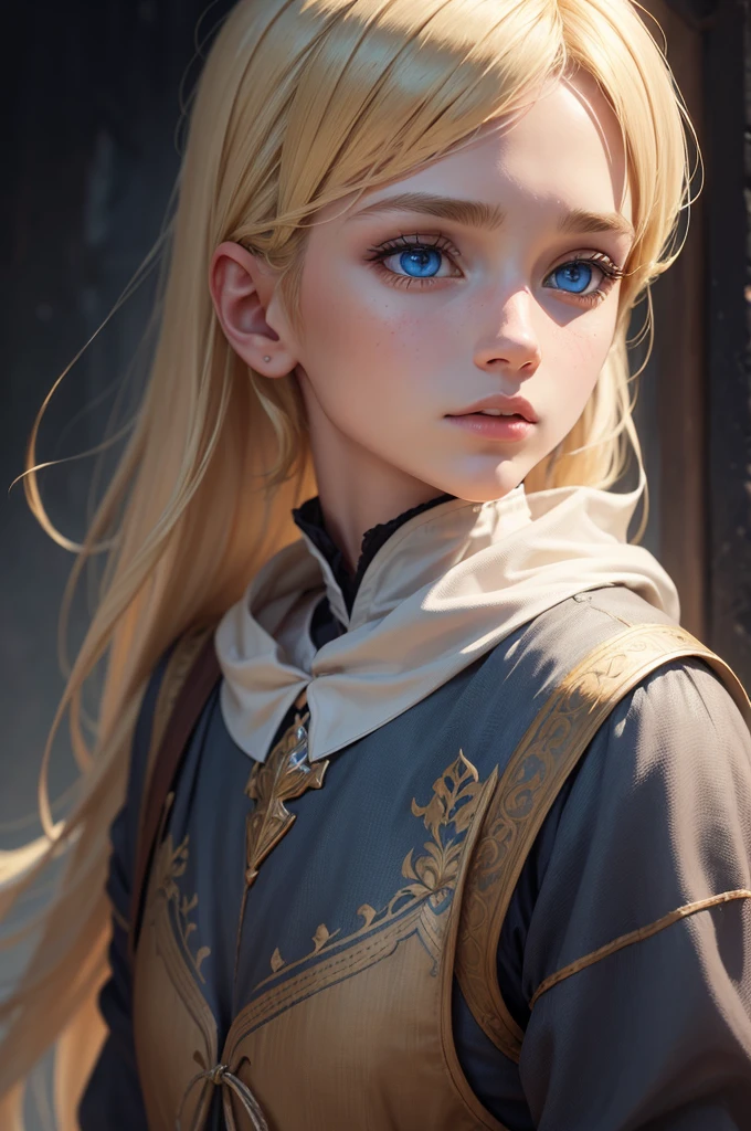 (hyperrealistic), (8K), (extremely detailed), (best illustration), (beautiful detailed eyes), (best quality), (ultra-detailed), (masterpiece), (detailed face), solo, exquisite details, detailed faces, ,pureerosfaceace_ v1,1 boy, alone,female setting,white background, Wattson, master piece,16 years old ,highly detailed, blue eyes, blonde hair, short hair,medieval light simple medieval clothes