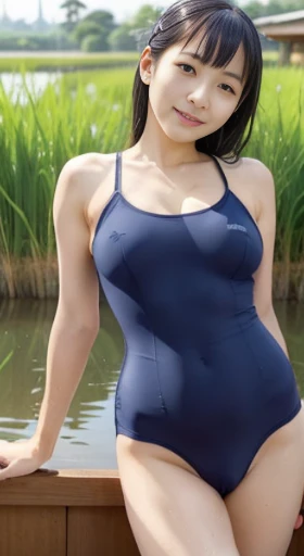 masterpiece,highest quality,, (long range shot)), big pelvis，1.8 meters high，big breasts、 smile，((Japanese high school navy blue school swimsuits are small and cramped:1.3))，((Erect nipples clear:1.1))、((Visible vaginal fissure:1.2))、long legs，skin hyper detail，clean pores，with panoramic view，cocked ass，40 years old, Noble and elegant Japan woman,  perfect face, fantastic appearance,  (detailed facial features),  Looks clean and looks good，realistic, sharp focus,  wavy hair, wrinkles around the eyes,((FULL BODY SHOT:1.3))、((Outdoor background、Detailed water filled rice field:1.3、Going deep into the rice field during rice planting:1.3、late night:1.3、Natural light:1.3))