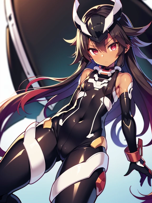 Masterpiece, best quality, highres, amazing quality, tenchi muyo, flat chested, (male), (8 year old boy), (shota), (Dark skin), cute, red eyes, very long dark brown hair, black headgear, black fullbodysuit, black gauntlets, black powersuit, white mecha thigh armoured attachment, black leggings, close up