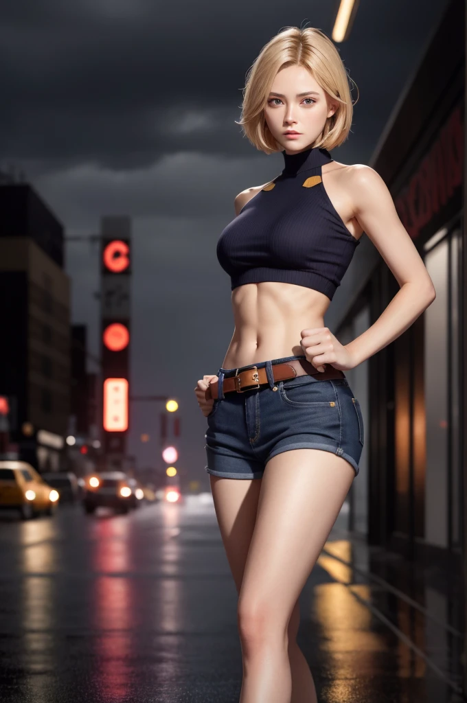 maryms, best quality, (beauty), masterpiece, 1 girl, render based on physics, ultra highres, narrow waist, thin, big eyes, long legs, (small breasts), swollen eyes, night, (rainy city), bright skin, facing the viewer, fighting posture, (close the fist), firm expression,