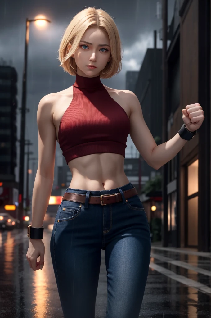 maryms, best quality, (beauty), masterpiece, 1 girl, render based on physics, ultra highres, narrow waist, thin, big eyes, long legs, (small breasts), swollen eyes, night, (rainy city), bright skin, facing the viewer, fighting posture, (close the fist), firm expression,