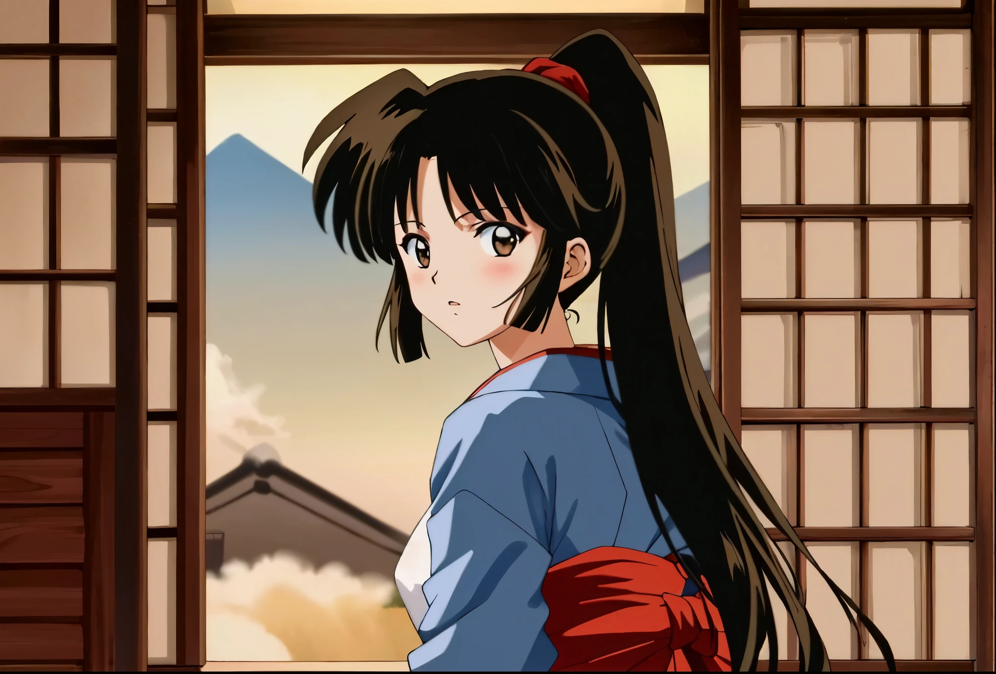 masterpiece, best quality, full body from behind,sango, KizukiAi, looking back, brown hair, brown eyes, high ponytail, long hair, medium breasts, blue kimono, multiple poses, (looking at viewer:1.3) ((Anime Screenshot, 2000s anime)), eyeshadow, night, adjusting_hair, anime_coloring, close-up, closed_mouth, hand_in_own_hair, (((Japanese village indoors:1.2)))