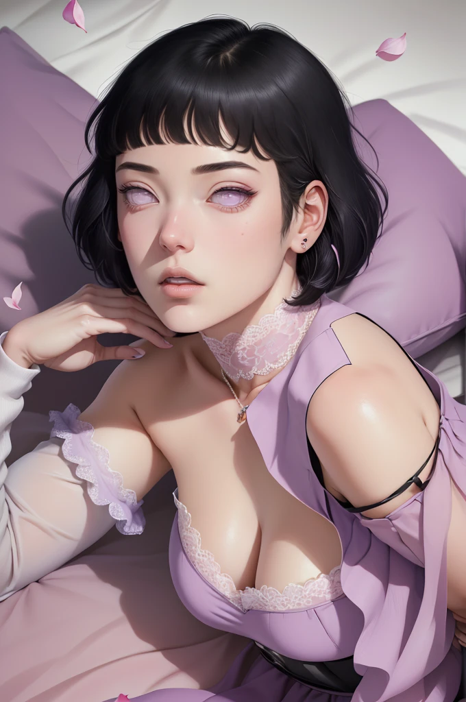 { - anatomy error} (Masterpiece - Ultra-detailed, very high resolution) (huge titusty, masterpiece, absurdres, hinata\(boruto\), 1girl, solo,mature female, off-shoulder bra, high waist black short skirt, looking at viewelling petals), perfect composition, detailed lips, big breast, beautiful face, body propotion, blush, (pink lips), short hair, (black hair), purple eyes, soft gaze, super realistic, detailed, photoshoot, realistic face and body, closed mouth, laying on the bed , lilac eyes, full body, lace clothes, with chin resting on shoulder, perfect fingers