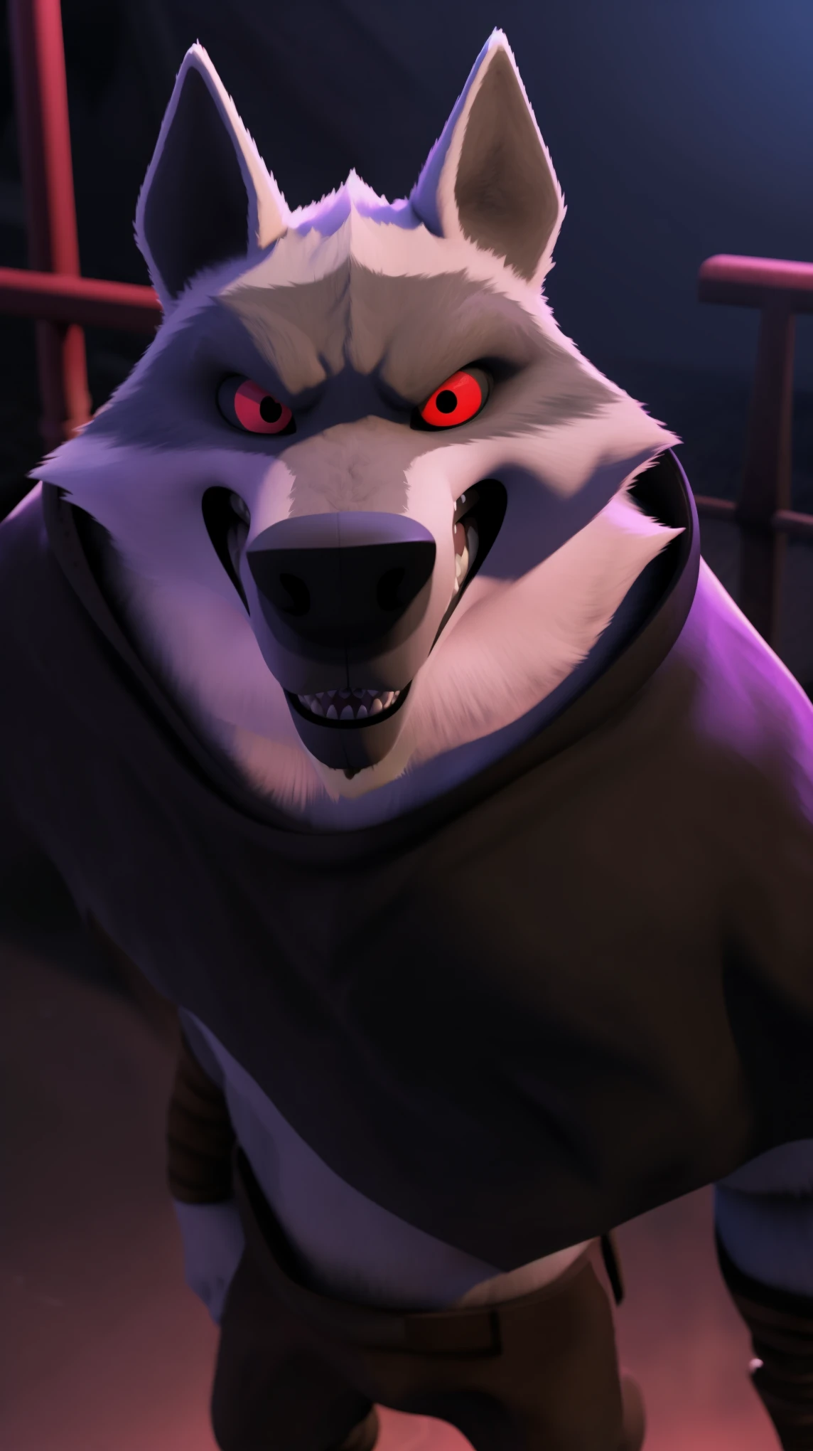 Death wolf alone in a Disney amusement park a bunch of scared retarded people wearing the standard outfit from the movie Puss in Boots two the Last Wish red eyes angry and impatient looking at the viewer serious expression muscular full body Ultimate realistic 3D Unreal Engine 9