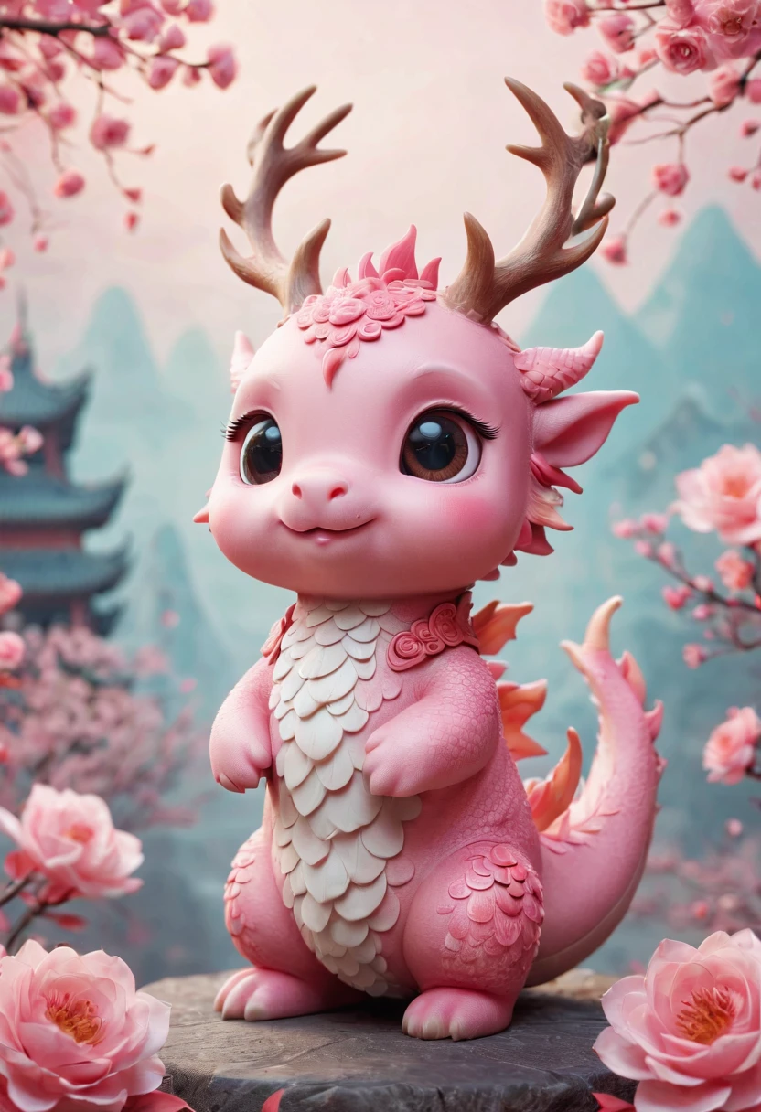 Q version，Cute little dragon，Chinese style，pink space，festive atmosphere，Spring Festival，Lovely antlers，Chinese elements，cartoon，Cute pet，Lively