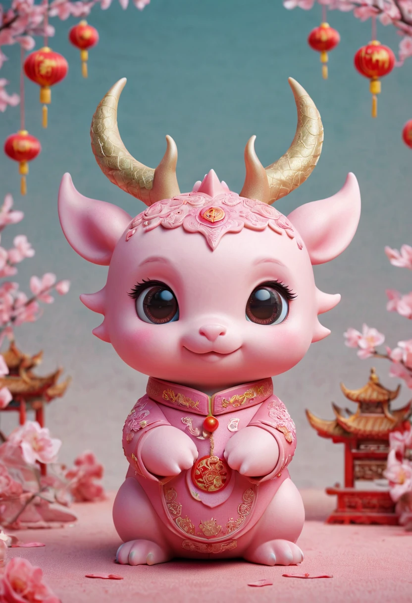 Q version，Cute little dragon，Chinese style，pink space，festive atmosphere，Spring Festival，Lovely antlers，Chinese elements，cartoon，Cute pet，Lively