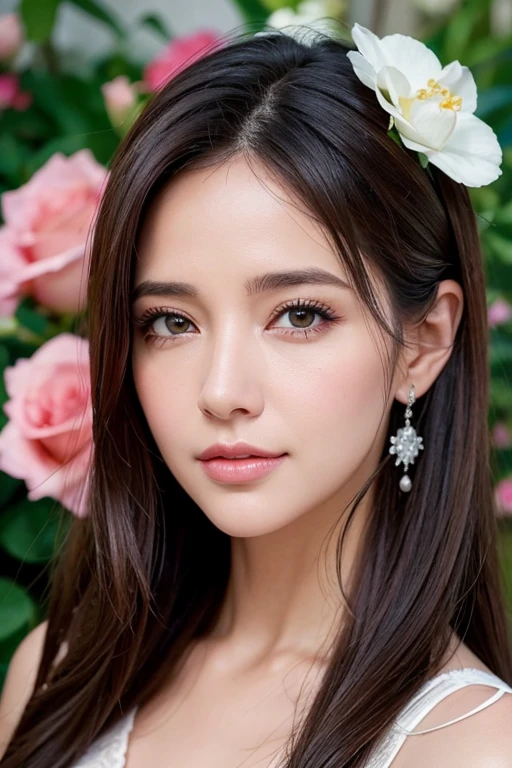 Uma linda mulher de 30 anos em um fundo de flores e rosas e ceu azul, hyper realistic style, perfeitos detalhes faciais e corporais, uhd 