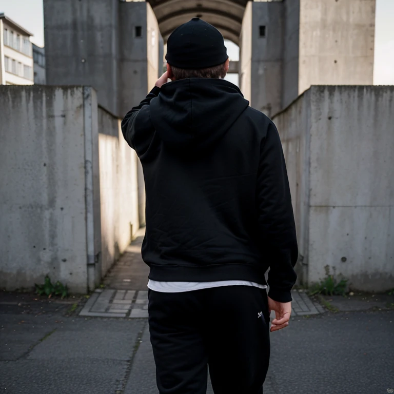 erstelle mir ein Bild von einem en jungen. Er hat einen schwarzen kapuzenhoodiekapuze ist aufgesetzt, black jogging pants and white Airforce 1s. He is slightly overweight and you can only see him from behind with the hood on. Normale umgebung im dunkeln