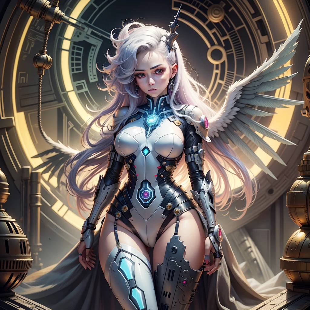 Princess Celestia, Princess Celestia Cyborg Girl, Princess Celestia from my little pony, Bio organism, Not a person, Mechanical parts, Straight hair, Lush hair, long hair, Sparkling hair, bionic parts of the body, Missing skin, Completely cyborg, Cybernetic organism, Mechanical arms, Mechanical legs, Mechanical white wings, Wings made of metal, burgundy eyes, red glowing eye, Full Growth, Full Body, Very detailed, Ultra 8K Quality, Broken parts, Holes in the mechanisms, not a living organism, Runes and Yellow Magic, a lot of yellow and white, Blue backlight, Sun Earrings, A lot of magic, Light Cyber Weapons, The sun, CyberAnk Kingdom, castle