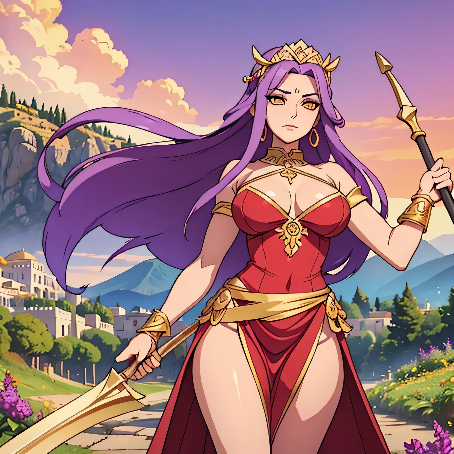 Deusa grega da beleza e do charme, olhos amarelos, purple lilac hair, pele clara, incrivelmente lindo, severo determinado e sexy, alto e esguio,Long red Greek tunic with gold details, vestido vermelho longo,segurando uma foice, mythical Arcadian mountains and forests, fotorrealista, super alta qualidade, super detalhe, obra de arte, HDR, 4k