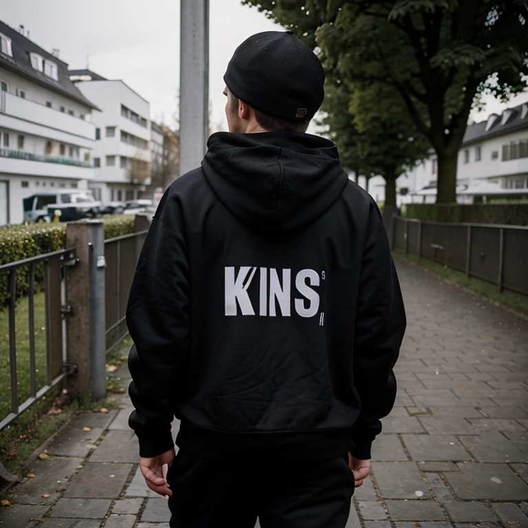 erstelle mir ein Bild von einem en jungen. Er hat einen schwarzen kapuzenhoodie, black jogging pants and white Airforce 1s. He is slightly overweight and you can only see him from behind with the hood on. Normale umgebung im dunkeln