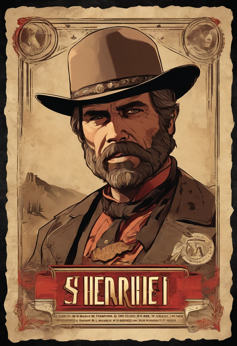 Cigarette card of sheriff Curtis Malloy from Red Dead Redemption 2, detailed portrait, vintage illustration, high-res, realistic colors, intricate drawing, aged paper texture, vibrant colors, dramatic lighting