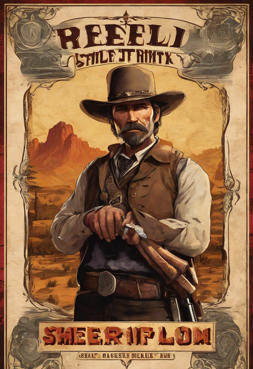 Cigarette card of sheriff Curtis Malloy from Red Dead Redemption 2, detailed portrait, vintage illustration, high-res, realistic colors, intricate drawing, aged paper texture, vibrant colors, dramatic lighting