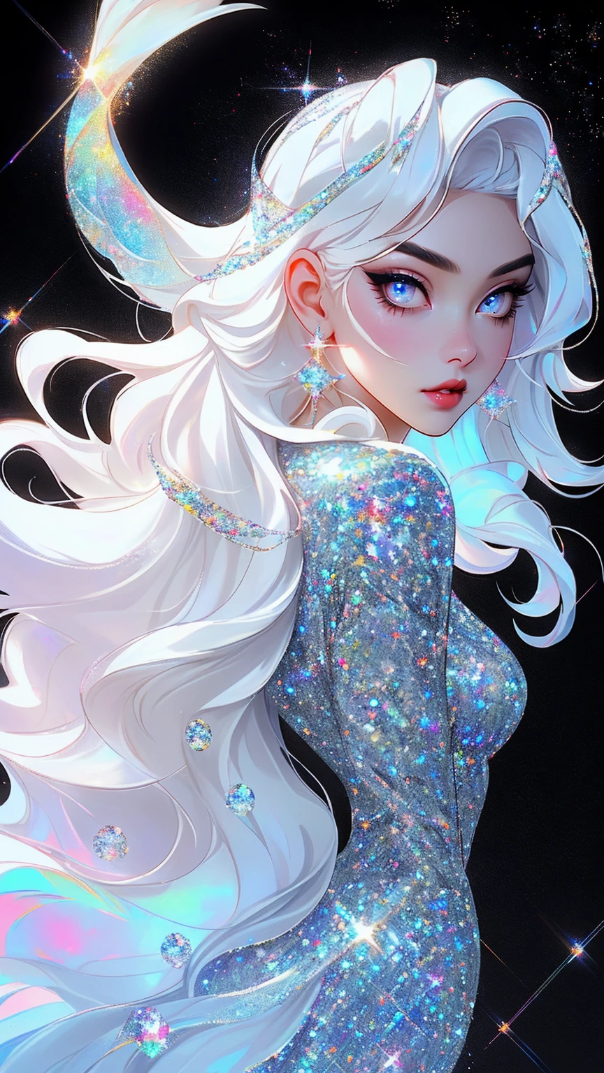 {-erro_de_anatomia:1.0} masterpiece, highest quality, (perfect face:1.1, (high detail)1.1, sweet stardust vampire , long soft white hair, opal eyes, perfectly drawn face, black dress, stars detailed background, prismatic lighting, glitter, whole body,  Dancing lightly. backwadrs, Looking back. Very sexy, with chin resting on shoulder , walkink on the stars with cristal shoes.