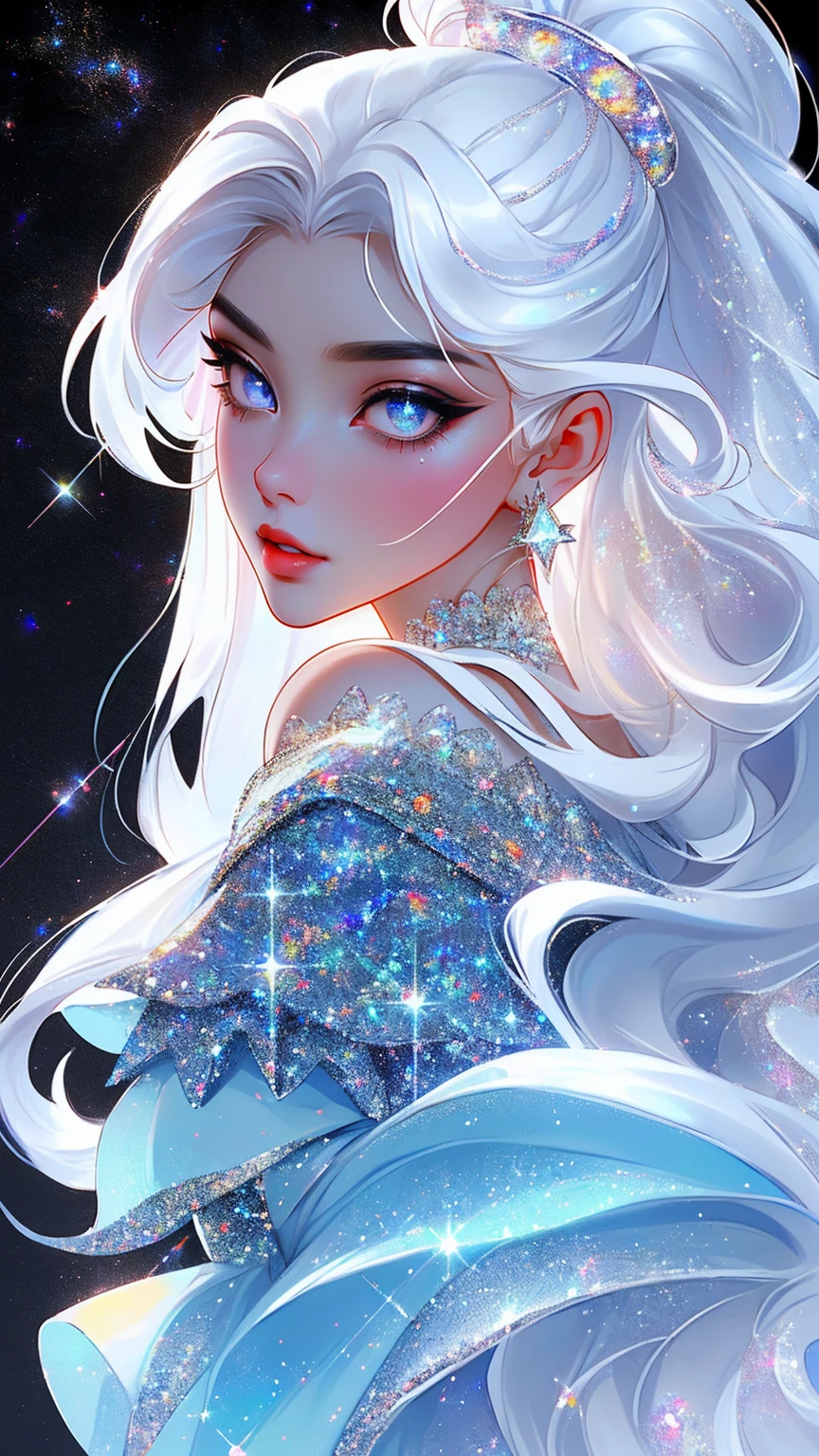 {-erro_de_anatomia:1.0} masterpiece, highest quality, (perfect face:1.1, (high detail)1.1, sweet stardust vampire , long soft white hair, opal eyes, perfectly drawn face, black dress, stars detailed background, prismatic lighting, glitter, whole body,  Dancing lightly. backwadrs, Looking back. Very sexy, with chin resting on shoulder , walkink on the stars with cristal shoes.