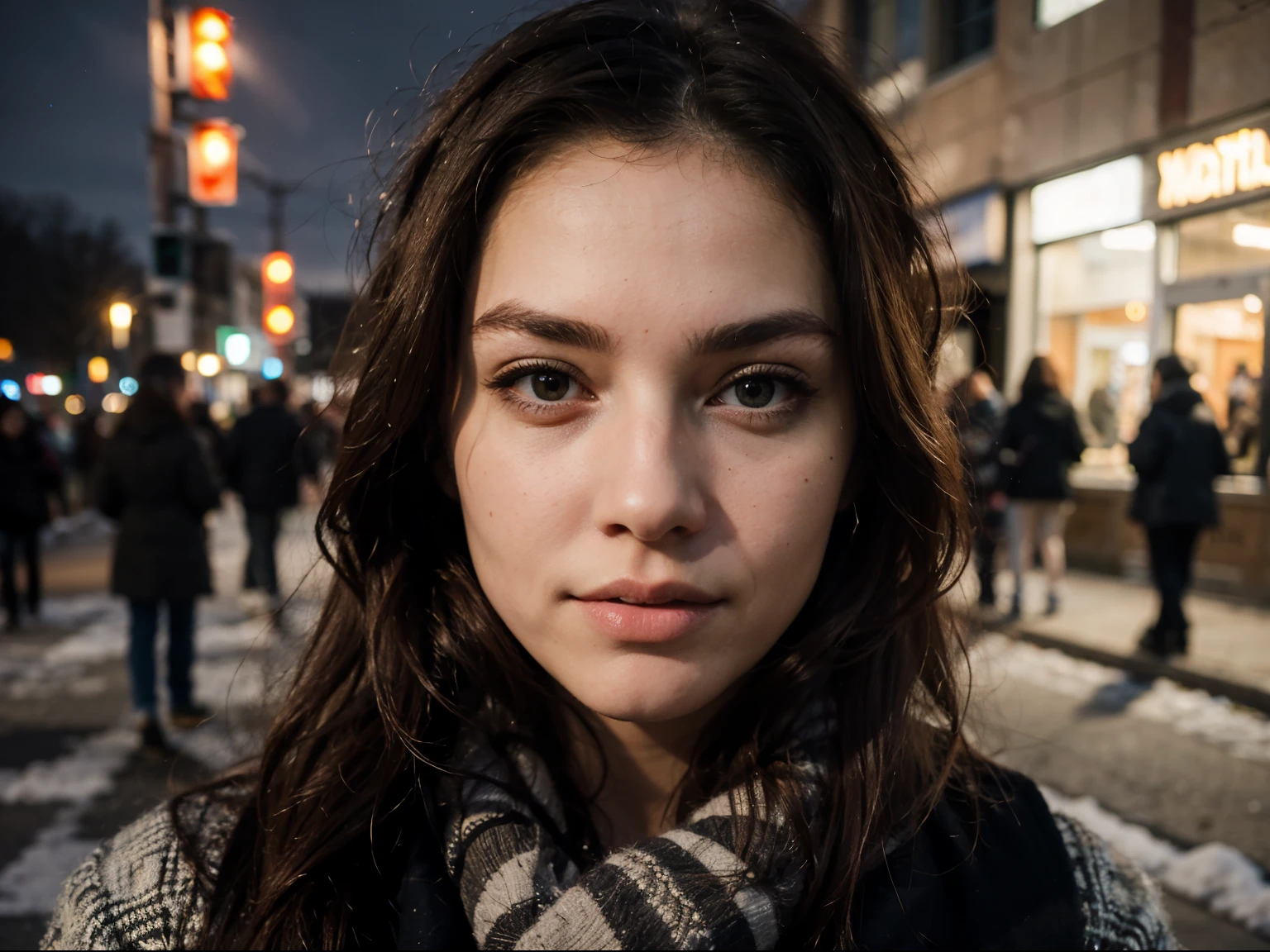 ((best quality)), ((masterpiece)), (detailed), perfect face , winter dress , street , night , selphie photography ,