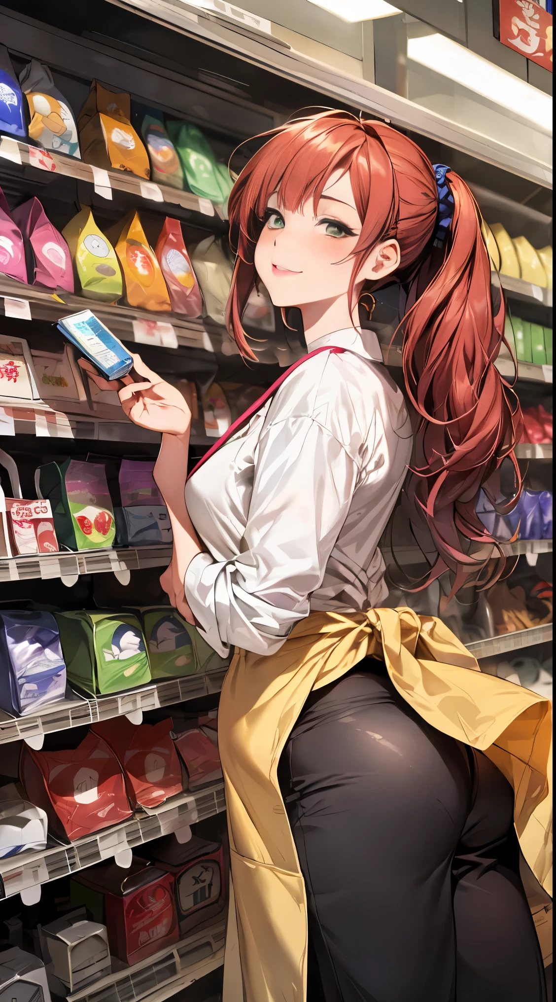 1 female, alone, height: 177 cm, long hair, (put your hair up:1.5, Vermilion hair:1.4), green eyes, long term:1.4,highly detailed eyes, ((Convenience store clerk:1.4)), expressive face, Inside a convenience store, colorful, high contrast, (masterpiece), wallpaper, dynamic pose, Beautiful woman、((E cup upward facing chest, big and firm buttocks)), apron and shirt, choker, ((NFSW:1.3))