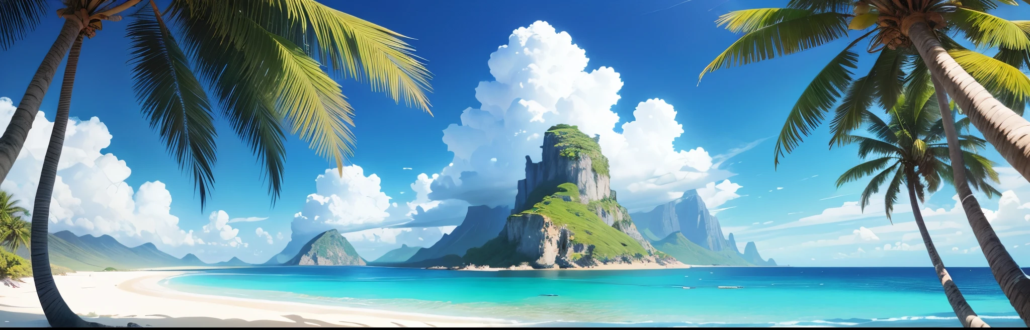 summer, maritime, island, clear water, Blue gradient water, Clear water, island, Coconut palm, Paradise, large clouds, blue sky, hot weather, HD detail, Hyper detail, Cinematic, surrealism, soft light, Deep Focus, hips, distant snowy mountains, ray tracing, and surrealism. --at 6