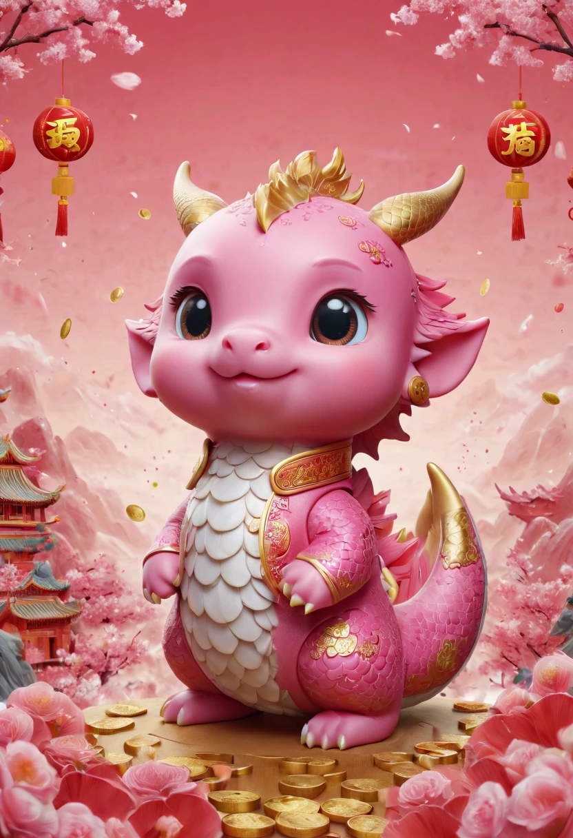 Q version,Cute little dragon,Chinese style,pink space,festive atmosphere,Spring Festival,gold coins,Chinese elements,Cartoon,Cute pet,Lively,fireworks
