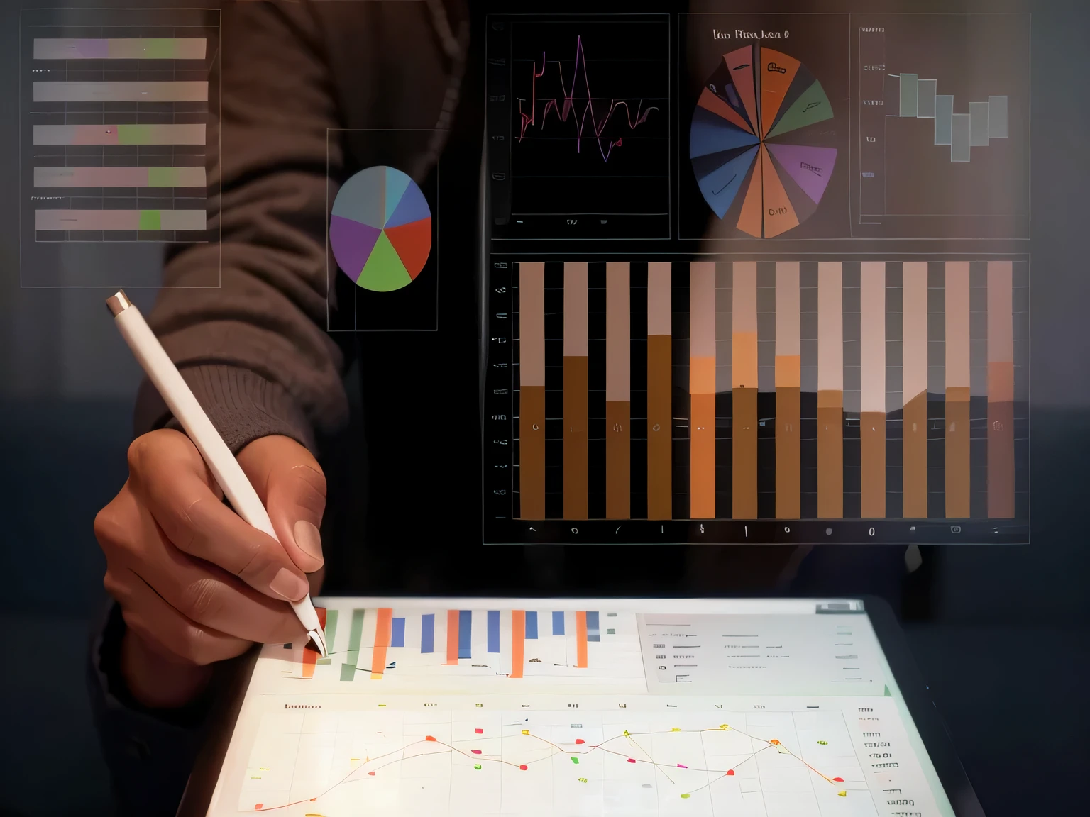 a close up of a person using a tablet with charts on it, Data visualization, Toma el control de tus datos, accurately portrayed, displaying stock charts, a digital representation, charts, Display, sobre un fondo oscuro, Pensando, tablero power bi, fondo, captura de pantalla, imagen detallada, Advertising display, charts, preciso y detallado, rendimiento, analytical art. Generar en tonalidades principales de color verde, gris y blanco. Y en tonalidades secundarias en azul y naranja.