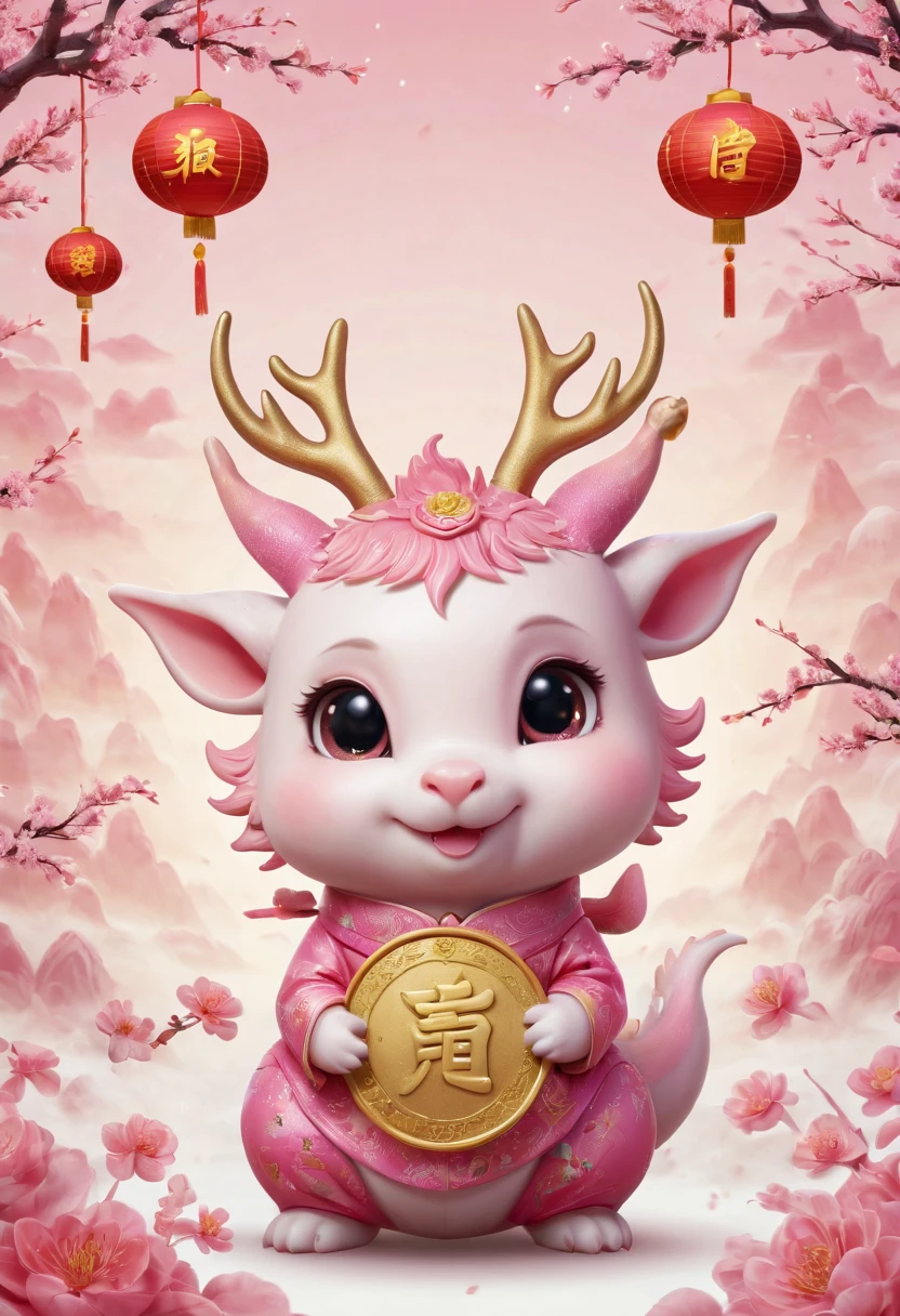 Q version，Cute little dragon，Chinese style，pink space，festive atmosphere，Spring Festival，gold coins，Chinese elements，Cartoon，Cute pet，Lively，fireworks，Lovely antlers，