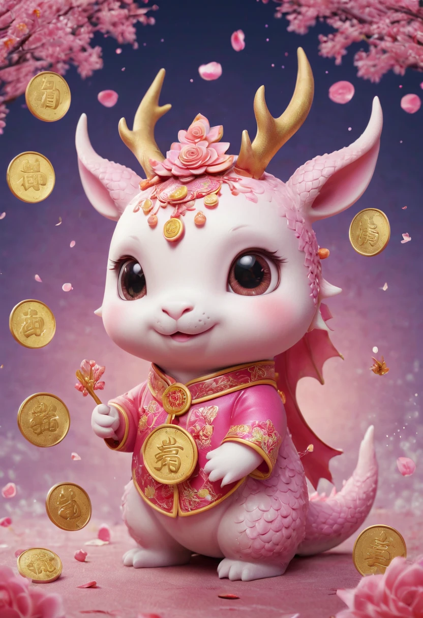 Q version，Cute little dragon，Chinese style，pink space，festive atmosphere，Spring Festival，gold coins，Chinese elements，Cartoon，Cute pet，Lively，fireworks，Lovely antlers，