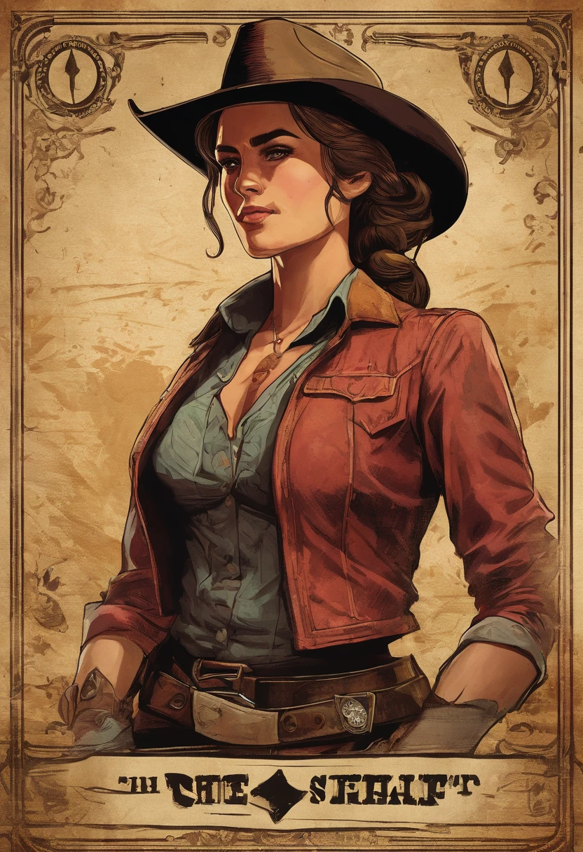 Cigarette card of female sheriff from Red Dead Redemption 2, detailed portrait, vintage illustration, high-res, realistic colors, intricate drawing, aged paper texture, vibrant colors, dramatic lighting