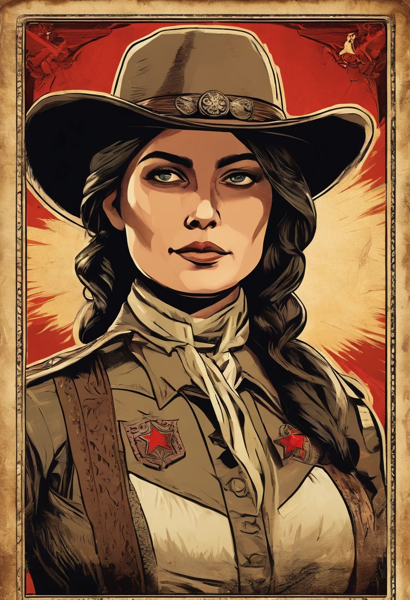 Cigarette card of female sheriff from Red Dead Redemption 2, detailed portrait, vintage illustration, high-res, realistic colors, intricate drawing, aged paper texture, vibrant colors, dramatic lighting