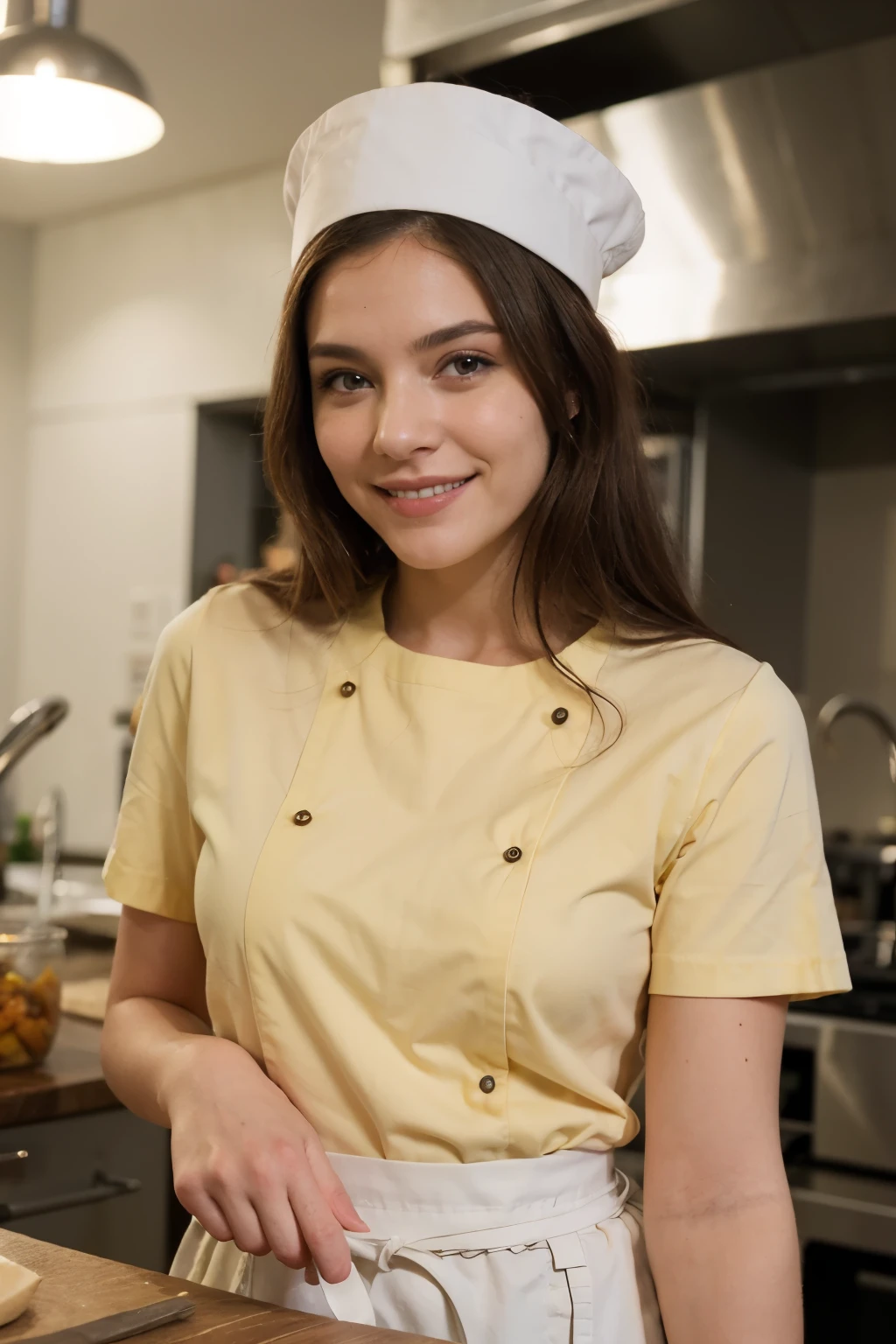 ((best quality)), ((chef-d&#39;artwork)), (detailed), perfect face brunette with red highlights with a smile and a yellow shirt