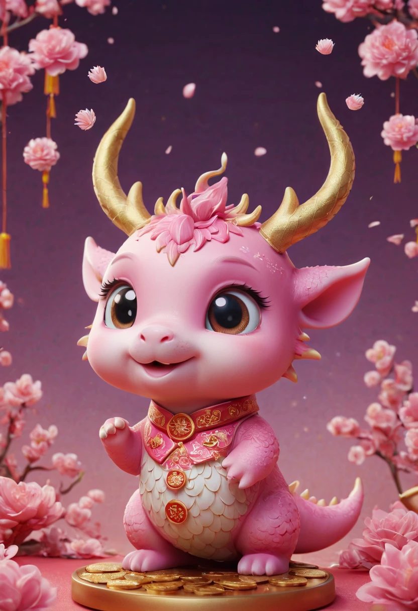 Q version,Cute little dragon,Chinese style,pink space,festive atmosphere,Spring Festival,gold coins,Chinese elements,Cartoon,Cute pet,Lively,fireworks,Lovely antlers,