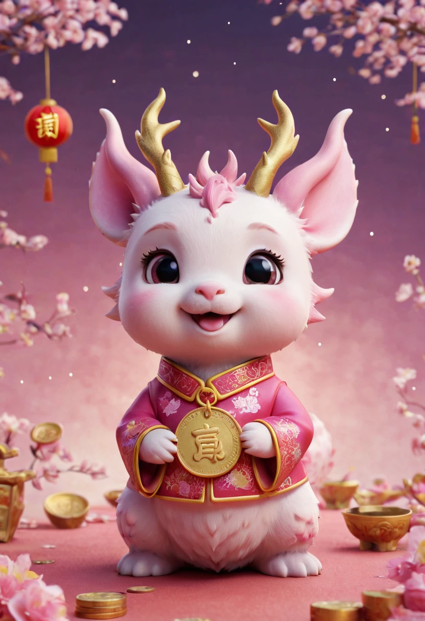 Q version，Cute little dragon，Chinese style，pink space，festive atmosphere，Spring Festival，gold coins，Chinese elements，Cartoon，Cute pet，Lively，fireworks，Lovely antlers，