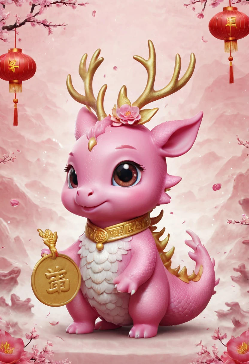 Q version,Cute little dragon,Chinese style,pink space,festive atmosphere,Spring Festival,gold coins,Chinese elements,Cartoon,Cute pet,Lively,fireworks,Lovely antlers,