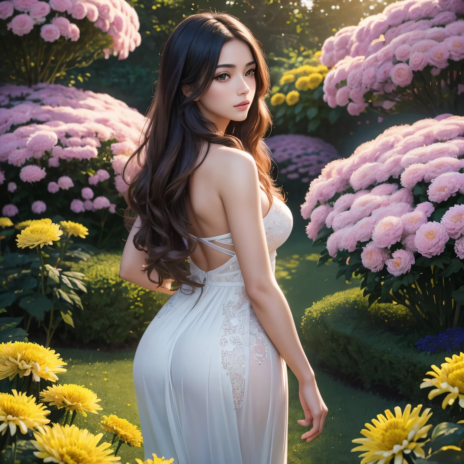Top-notch quality (4K resolution, high resolution, masterpiece: 1.5), incredibly detailed, (realistic, photorealistic, photo-realistic: 1.37), attractive woman aged 24, intricately detailed eyes and lips, extremely detailed facial features, long eyelashes, solo female subject, artistic depiction, soft illumination, vivid hues, bokeh effect, romantic, dreamy, ethereal atmosphere, Full Body Professional Photograph, (4K Resolution Photo: 1.1) (Sharp Focus: 1.1), High level of detail, Woman surrounded by a (beautiful chrysanthemum garden: 1.2), long hair, aesthetically pleasing, well-formed buttocks, well dress