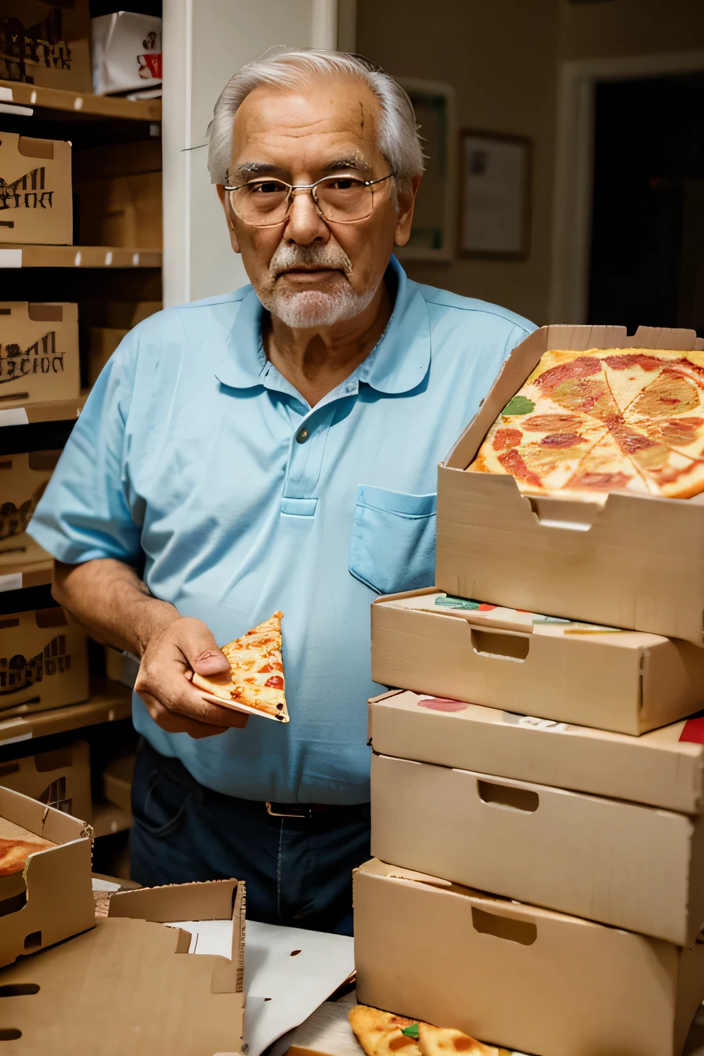 Old man surrounded by pizza boxes