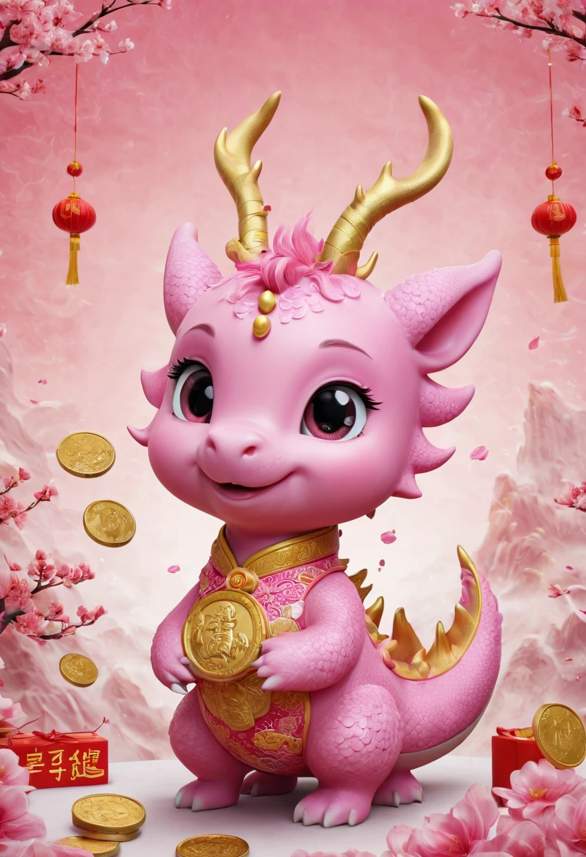 Q version，Cute little dragon，Chinese style，pink space，festive atmosphere，Spring Festival，gold coins，Chinese elements，Cartoon，Cute pet，Lively，fireworks，Lovely antlers，Chinese dragon