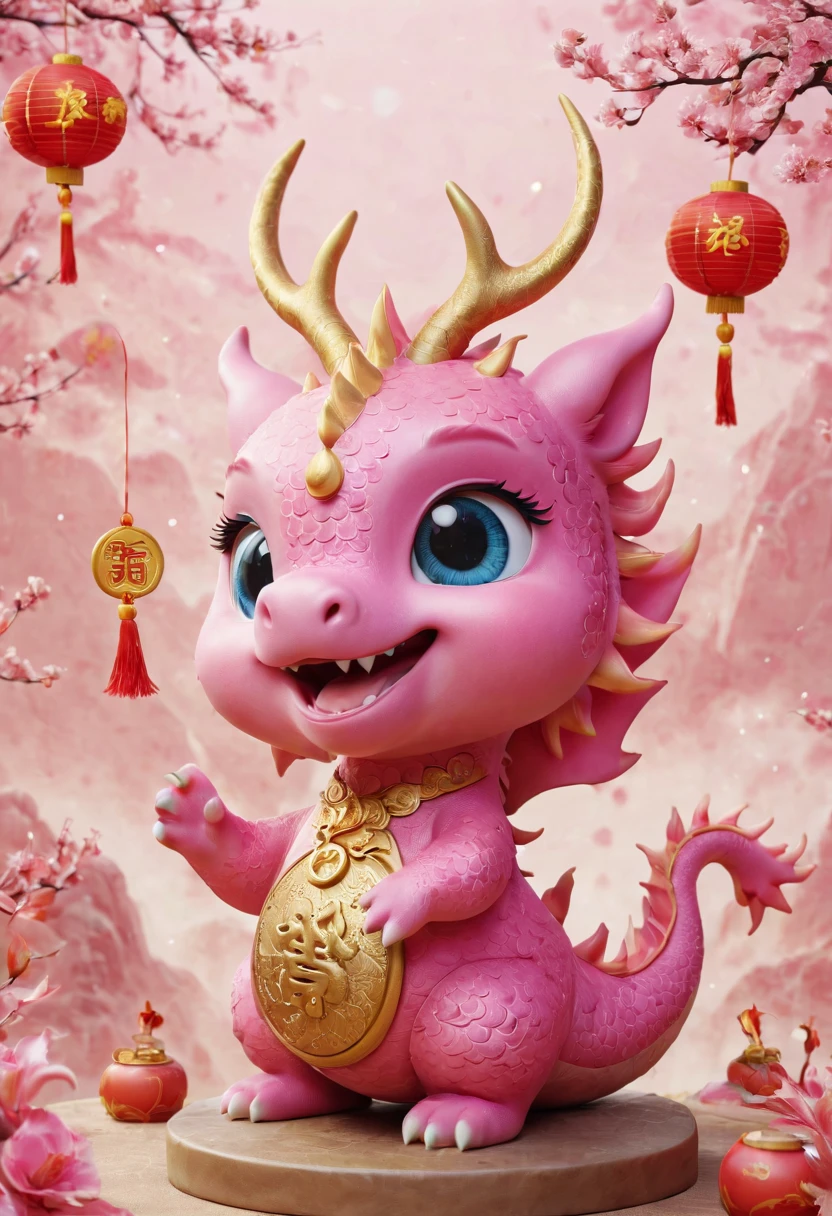 Q version,Cute little dragon,Chinese style,pink space,festive atmosphere,Spring Festival,gold coins,Chinese elements,Cartoon,Cute pet,Lively,fireworks,Lovely antlers,Chinese dragon
