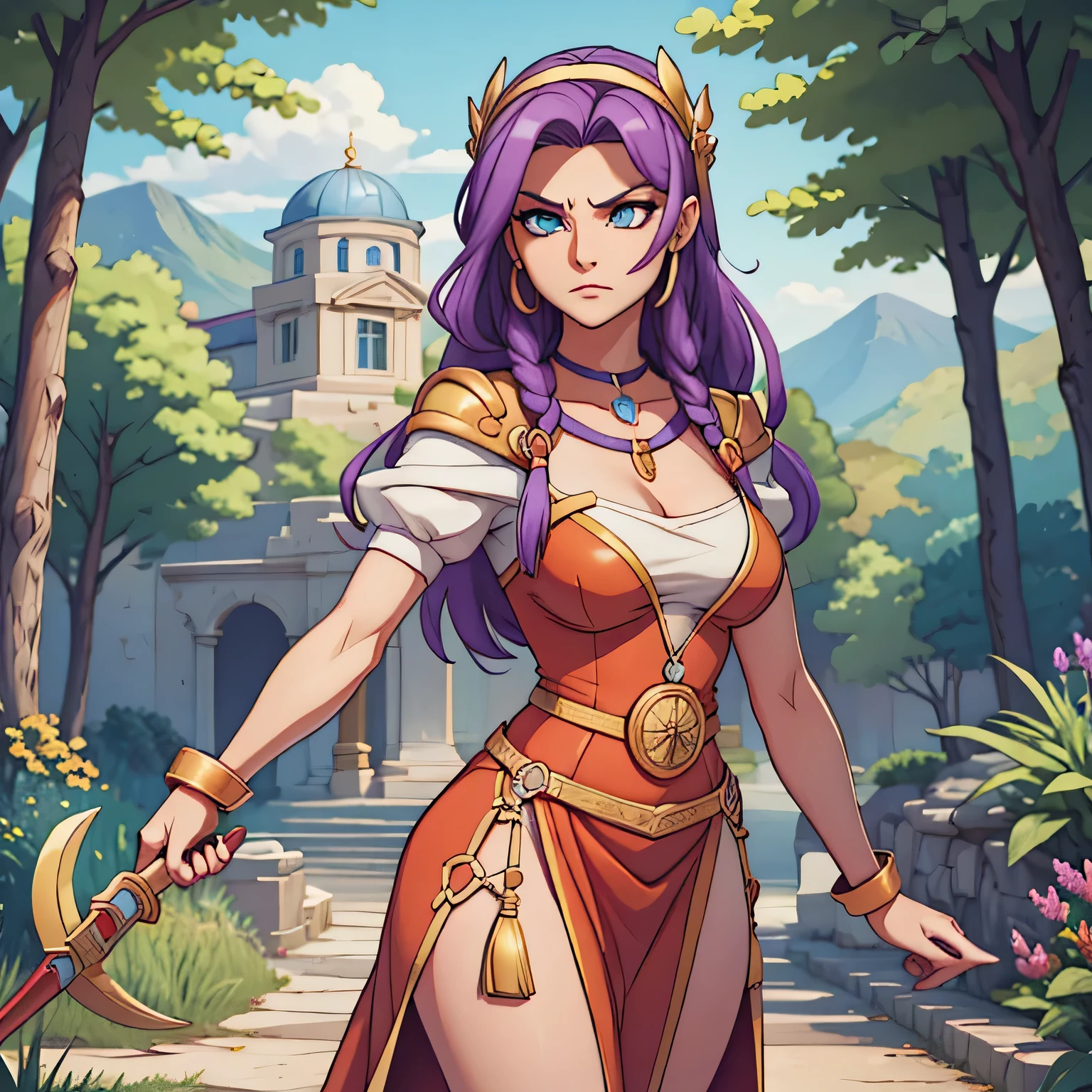 Deusa grega da beleza e do charme, olhos amarelos, purple lilac hair, pele clara, incrivelmente lindo, severo determinado e sexy, alto e esguio,Long red Greek tunic with gold details, vestido vermelho longo,segurando uma foice, mythical Arcadian mountains and forests, fotorrealista, super alta qualidade, super detalhe, obra de arte, HDR, 4k