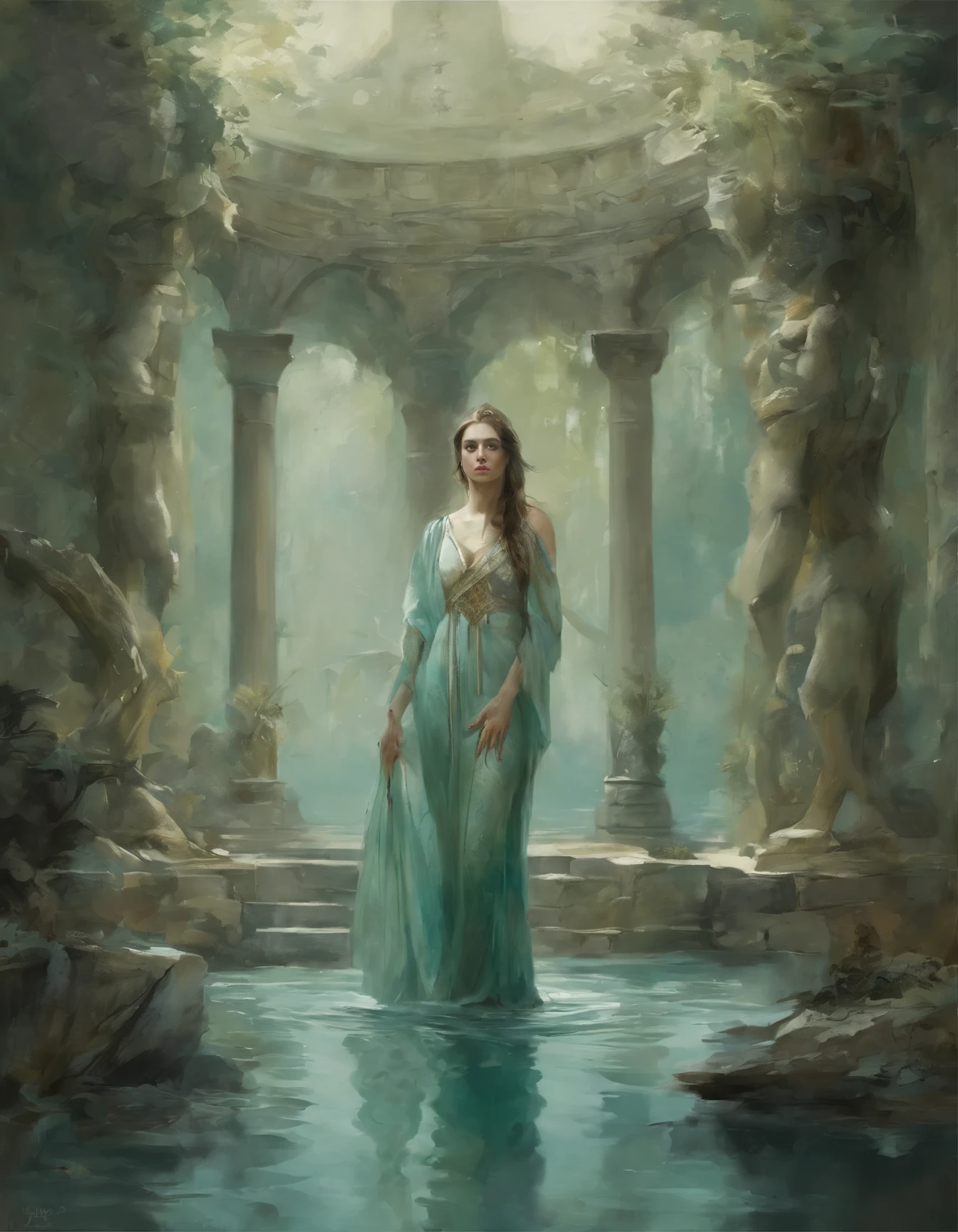 The Lady of the Lake, a mysterious and powerful figure, is reflected in the calm waters of her sacred lake. Her long dress, in a soft aqua green tone, blends harmoniously with the surrounding nature. The black and white columns, pillars of knowledge and duality, flank its image in the aquatic background. At their feet, a bed of stacked gold coins shimmers in the lake's gloom., Art by Yoji Shinkawa, symmetric circular iris, approaching perfection, pure form, minimalistic, isometric, concept art by Brian Froud, by Carne Griffiths, by Wadim Kashin, by John William Waterhouse, intricate details, 8k post production, high resolution, TanvirTamim, hyperdetailed, trending on artstation, sharp focus, studio photo, intricate details, highly detailed, by greg rutkowski