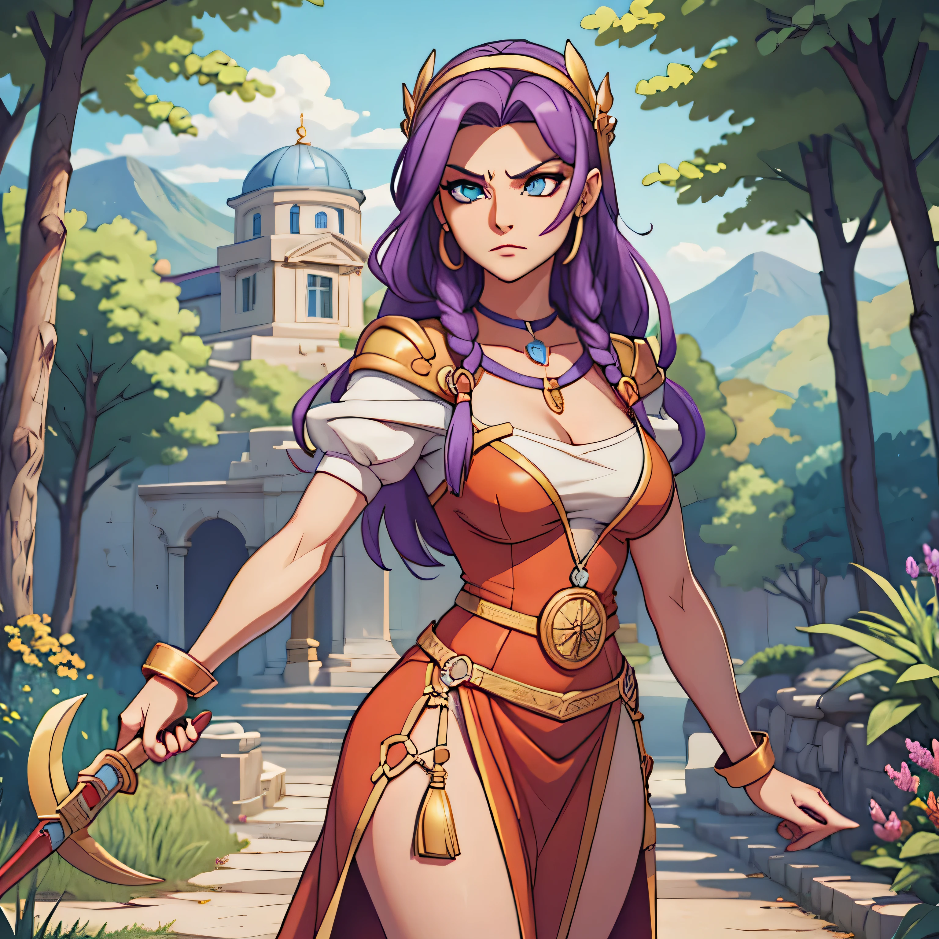 Deusa grega da beleza e do charme, olhos amarelos, purple lilac hair, pele clara, incrivelmente lindo, severo determinado e sexy, alto e esguio,Long red Greek tunic with gold details, vestido vermelho longo,segurando uma foice, mythical Arcadian mountains and forests, fotorrealista, super alta qualidade, super detalhe, obra de arte, HDR, 4k