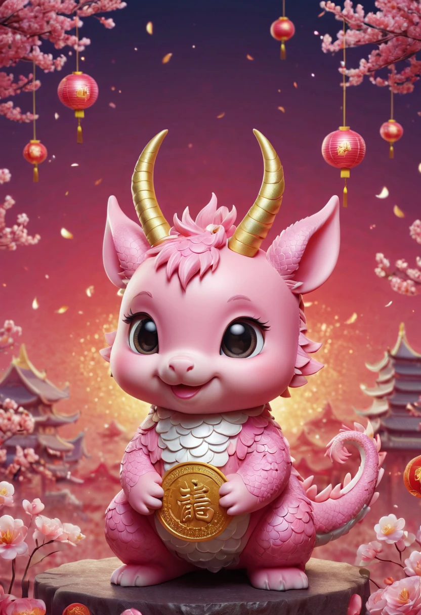 Q version,Cute little dragon,Chinese style,pink space,festive atmosphere,Spring Festival,gold coins,Chinese elements,Cartoon,Cute pet,Lively,fireworks,Lovely antlers,Chinese dragon