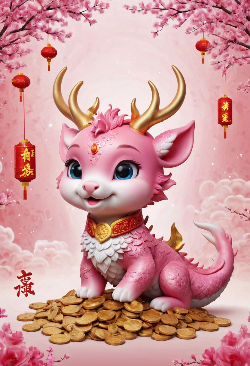 Q version,Cute little dragon,Chinese style,pink space,festive atmosphere,Spring Festival,gold coins,Chinese elements,Cartoon,Cute pet,Lively,fireworks,Lovely antlers,Chinese dragon
