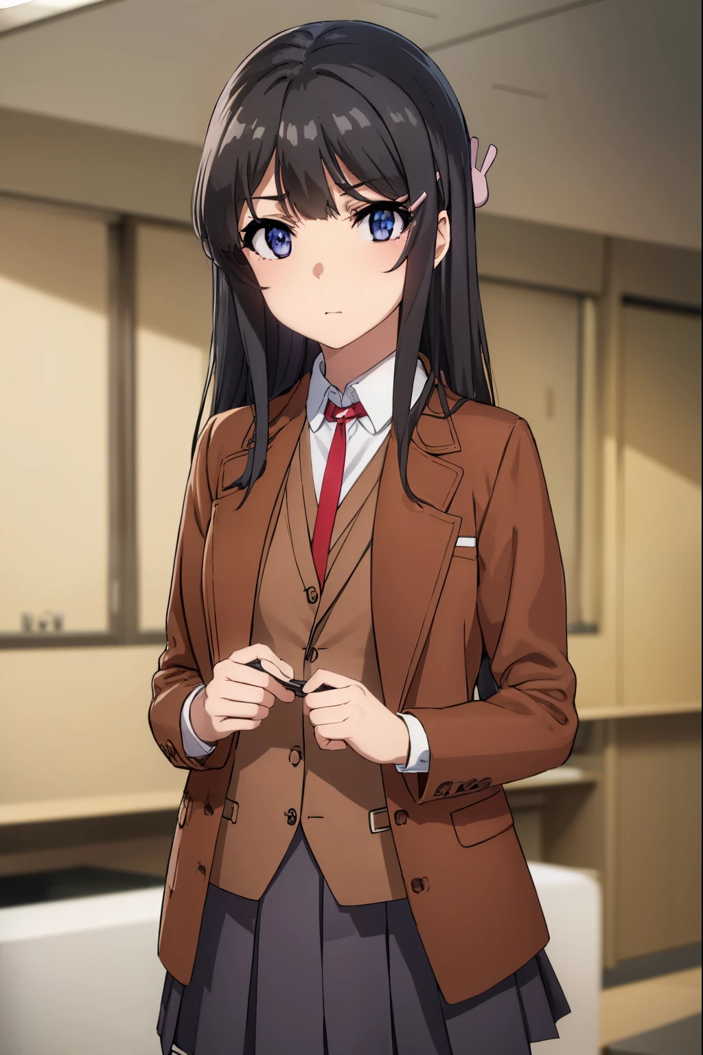 maisakurajima, mai sakurajima, long hair, bangs, (black hair:1.5), hair ornament, (purple eyes:1.1), hairclip, rabbit hair ornament,
BREAK skirt, shirt, school uniform, white shirt, short sleeves, pantyhose, pleated skirt, collared shirt, blue skirt, black pantyhose, red necktie, jacket, (brown jacket:1.5),
BREAK indoors, classroom,
BREAK looking at viewer, (cowboy shot:1.5),
BREAK (masterpiece:1.2), best quality, high resolution, unity 8k wallpaper, (illustration:0.8), (beautiful detailed eyes:1.6), extremely detailed face, perfect lighting, extremely detailed CG, (perfect hands, perfect anatomy),